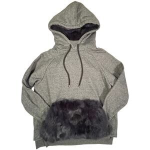 NWOT Jocelyn Small Fur Trim Pullover Hoodie Heather Gray Navy Blue Sweatshirt